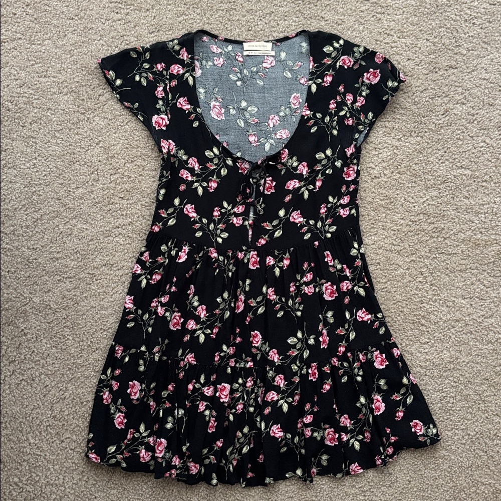 Urban Outfitters Black Floral Babydoll Dress with Pink Roses